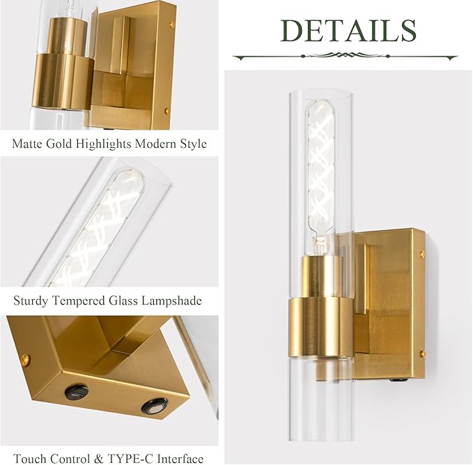 BELS Battery Operated Wall Sconces Set of Two, 13 Inch Gold Wireless Wall Light with Cylinder Clear Glass, Remote Control, Modern Wall Sconce for Bathroom, Bedroom, Living Room, Hallway - Bloomnest