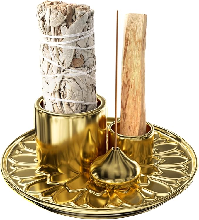 Palo Santo Holder - 4 in 1 Incense & Candle Holder - Ceramic Incense Holder Ash Catcher Tray for Meditation Room - Easy to Clean (Gold)