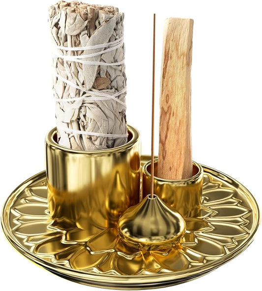 Palo Santo Holder - 4 in 1 Incense & Candle Holder - Ceramic Incense Holder Ash Catcher Tray for Meditation Room - Easy to Clean (Gold)