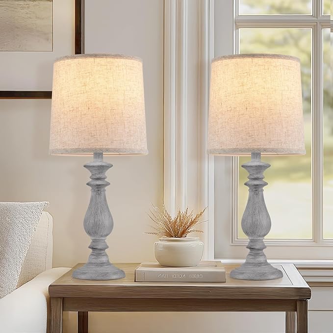Lamps Set of 2 Vintage Rustic Farmhouse Table Lamps Bedside Reading Lamp Bedroom Nightstand Living Room Teapoy Lamp, Desk Light, 22 Inch High,Light Grey, with Fabric Shade, Bulb Not Included - Bloomnest