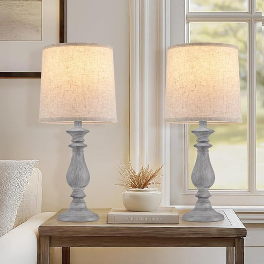 Lamps Set of 2 Vintage Rustic Farmhouse Table Lamps Bedside Reading Lamp Bedroom Nightstand Living Room Teapoy Lamp, Desk Light, 22 Inch High,Light Grey, with Fabric Shade, Bulb Not Included - Bloomnest