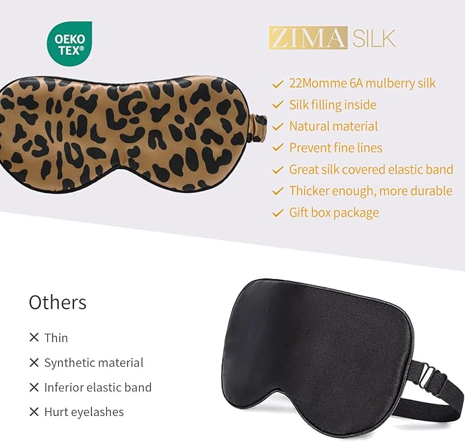 ZIMASILK Adjustable 100% 22 Momme Mulberry Silk Sleep Mask for Sleeping, Filled with Premium Mulberry Silk, Softest & Breathable Eye Sleeping Mask (Leopard-Black Golden) - Bloomnest