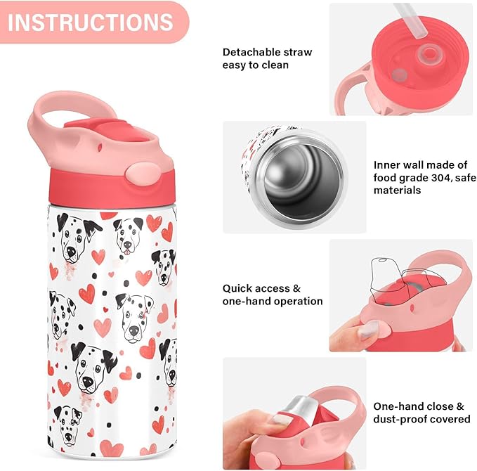Love Dalmatian Dog Kids Insulated Water Bottle, Toddlers Tumbler Travel Cup with Straw & Handle Stainless Steel Cup for Travel School Girls 12 oz - Bloomnest