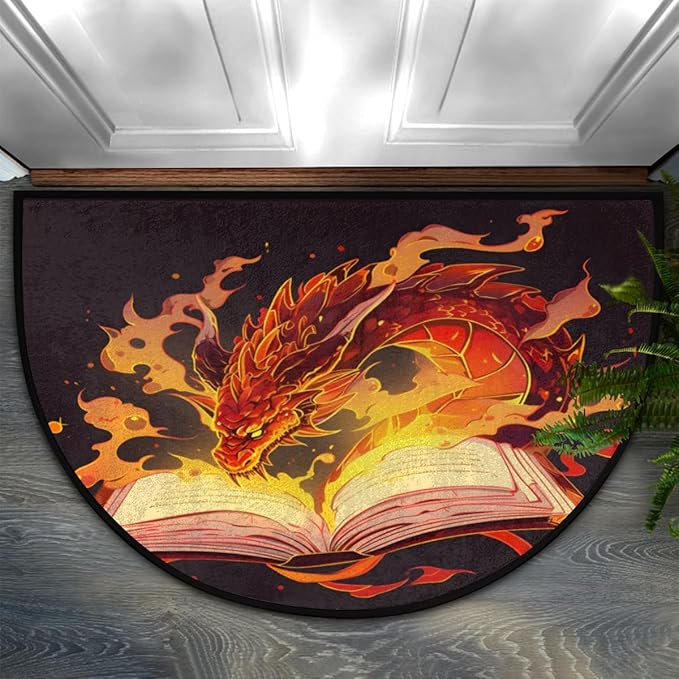 Half Round Door Mat, Magic Dragon Non-Slip Half Circle Area Rug Fiery Magic Book Doormat Washable Durable Home Decor Half Moon Rug for Floor Indoor Outdoor Living Room Bedroom Kitchen Patio - Bloomnest