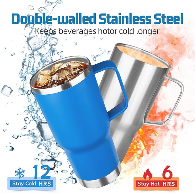 20 oz Tumbler with Handle Stainless Steel Insulated Coffee Mug Tumbler with Lid and Straw Double Wall Vacuum Insulated Coffee Mug Leak Proof Travel Mug Tumbler for Hot and Cold Drink (Sea Blue,1pack) - Bloomnest