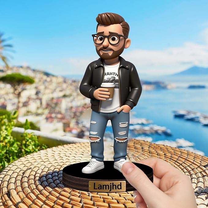 Custom Travel Photo Cartoon Style Desk Decor with Wooden Base, Personalzied Cartoon Photo Picture Portrait Sculpture Frame Acrylic Sign Plaque Gifts for Women Men Family - Bloomnest