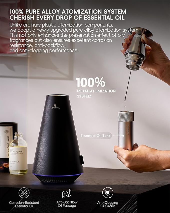 Waterless Scent Diffuser Starter Kit - 1500 Sq Ft Coverage, Alloy Atomization System,Mood Light,Smart Rechargeable Hotel Scent Diffuser, Including 120ml Essential Oil, for Home,Large Room,Spa,Black - Bloomnest