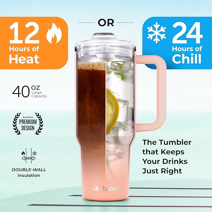 40 oz Tumbler With Handle and Straw Made of Stainless Steel - Double Wall Vacuum Insulated Tumbler With Lid - Sweat Proof Easy Grip, BPA-Free, Dishwasher Safe Tumbler (Peach) - Bloomnest