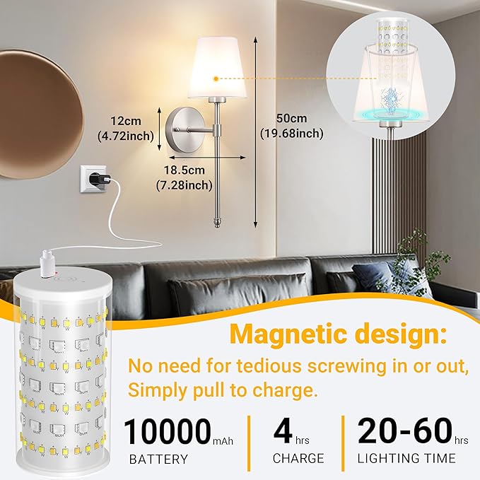 Battery Operated Wall Sconce: Peel and Stick Adhesives Stick On Non Drill Wall Light, Rechargeable Wireless Wall Lamp with Battery Corn Bulb for Bedroom Wall Decor (Nickel,20inch) - Bloomnest