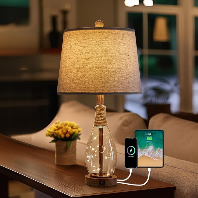 OYEARS 23" USB A+C Table Lamp for Bedroom Living Room Modern Bedside Lamps Retro Farmhouse Rattan Glass Nightstand Nightlight Lamps,Two Light Points - Bloomnest