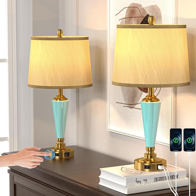 24" Ceramic Table Lamp with 3 Way Dimmable Touch Lamps - 2 USB Ports & AC Outlet Bedside Lamps, Modern Nightstand Lamp for Bedroom Living Room Office (Bulb Included) (Sky Blue-2 Pack) - Bloomnest