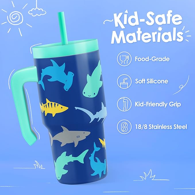 Shark Tumbler 20oz with Handle and Silicone Straw Lid for Kid, Insulated Stainless Steel Cup, Gift for Kids Boys, Gifts Idea for Birthday Christmas Back to School - Bloomnest