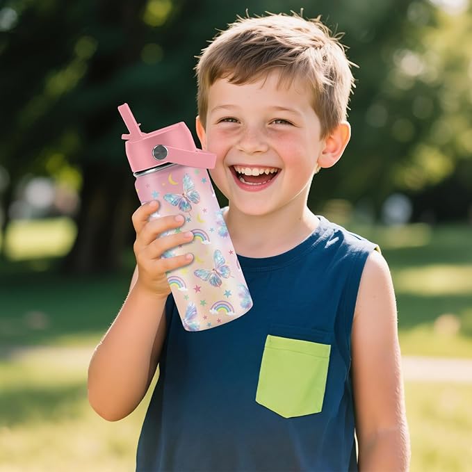 Butterfly Gifts - 16oz Pink Kids Water Bottle with Straw Lid, Stainless Steel Insulated Tumbler, Leakproof, BPA-Free, for Girls, School, Travel - Butterfly Rainbow Themed Birthday Gift Cup (1pc) - Bloomnest