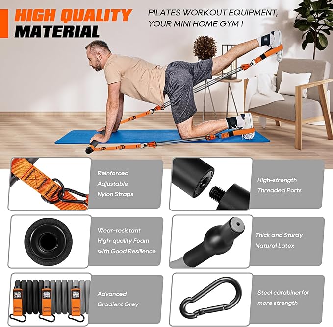 Pilates Bar Kit with Resistance Bands, Heavy Duty Pilates Equipment for Men, Strength Training Bar for Legs, Hip, Back, Arm, Abs, Chest, Shoulders, Portable Home Gym Full Body Workout Equipment - Bloomnest