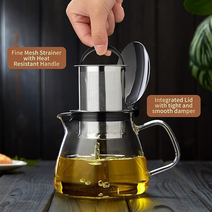 Glass Teapot Tea Pot with Removable Stainless Steel Infuser, 25oz / 760ml Borosilicate Glass Tea Kettle for Office Work, Fine Strainer for Loose Leaf Tea - Bloomnest