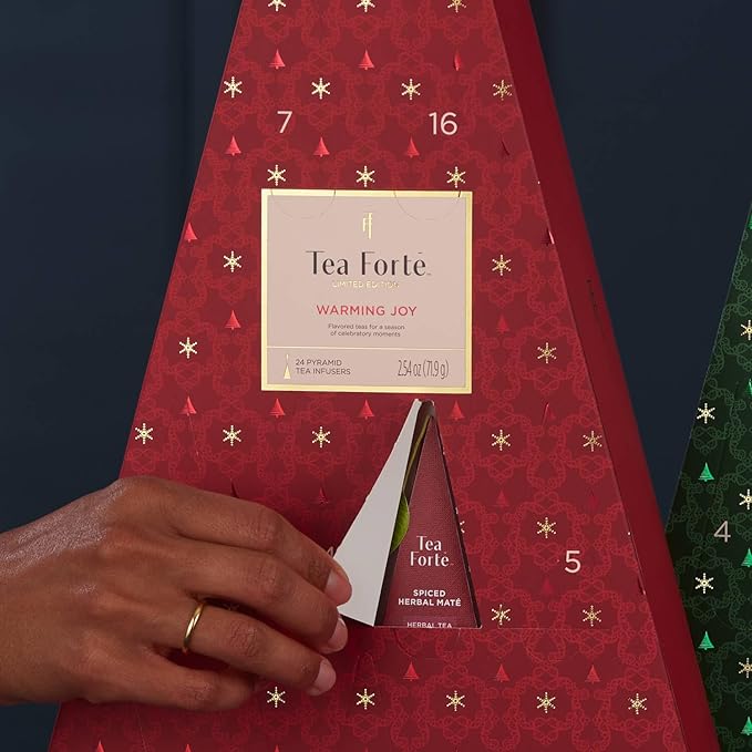Tea Forte Tea Advent Calendar Gift Set; 24 Individually Wrapped Handcrafted Assorted Pyramid Infuser Tea Bags with Numbered Doors, Warming Joy - Bloomnest