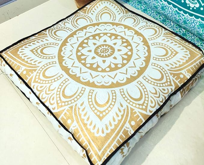 24" White Gold Flower Mandala Barmeri Large Floor Pillow Cover Cushion Meditation Seating Ottoman Throw Cover Hippie Decorative Zipped Bohemian Pouf Ottoman Pom Pom Cases 24 " square - Bloomnest