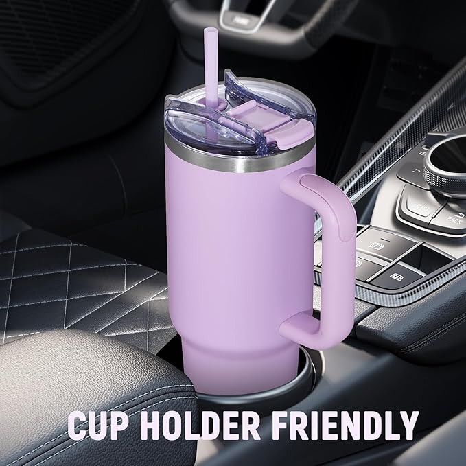 COKTIK 40 oz Tumbler With Handle and Straw Lid, Vacuum Insulated Travel Coffee Mug Stainless Steel Insulated Cup for Beverages, Leak-proof, Cupholder Friendly (Lavender) - Bloomnest