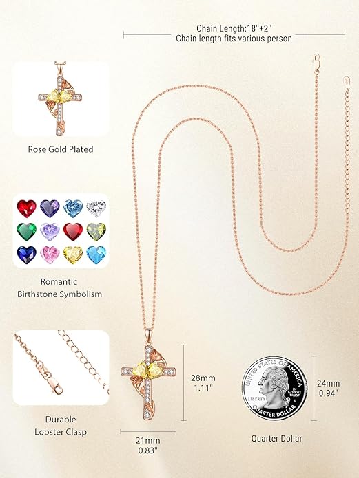 Rose Gold Dual Birthstones Cross Necklace for Women Rose Flower Jewelry Anniversary Christmas Mother's Valentine's Day Birthday Gift for Wife Girlfriend Mom - Bloomnest