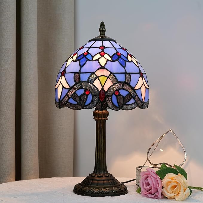 Tiffany Lamp Stained Glass lamp Small Bedside Table Lamps for Living Room Bedroom Dorm Kitchen Home Decor Festival Birthday Gift,Blue Baroque - Bloomnest