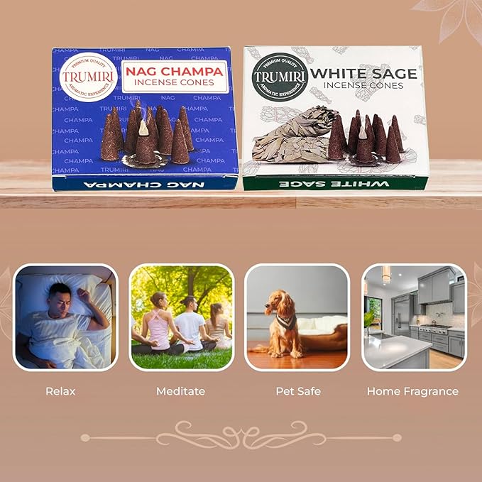 TRUMIRI Incense Cones - Combo Pack of 20 Cone Incense - 10 Nag Champa + 10 White Sage - Insence Cones - Incense Cones Scented - Cone Incense Scents - Insense Cones - Incent Cone TRUMIRI