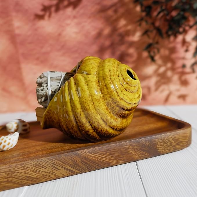 Yellow Ceramic Conch Palo Santo Holder - Mini Chimney Incense Burner, Tabletop Smudge Bowl Compatible with Sage/Sticks/Cones/Copal,for Yoga、Zen Meditation、Witchcraft, Ideal Altar Decor Gift - Bloomnest