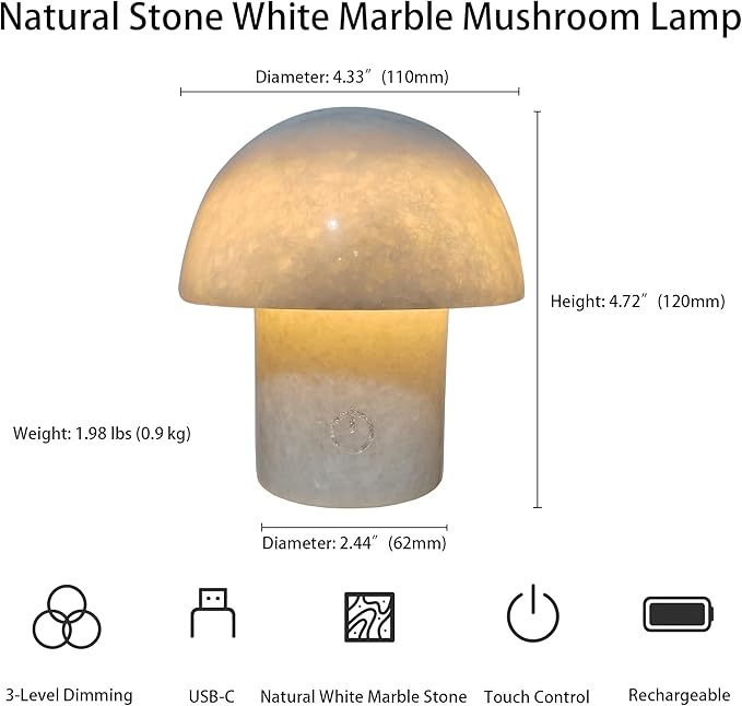 Rechargeable Mushroom Night Light - Dimmable Natural Marble Stone Table Lamp, LED Touch Light for Bedside, Meditation, Entryway, Gift Idea - Bloomnest