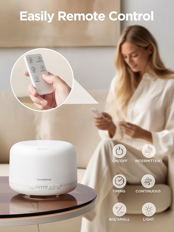 InnoGear 500ml Essential Oil Diffuser with Remote Control, Premium Ultrasonic Aromatherapy Diffusers Scent Humidifier Vaporizer Auto-Off Timer for Large Room Home, Basic White - Bloomnest
