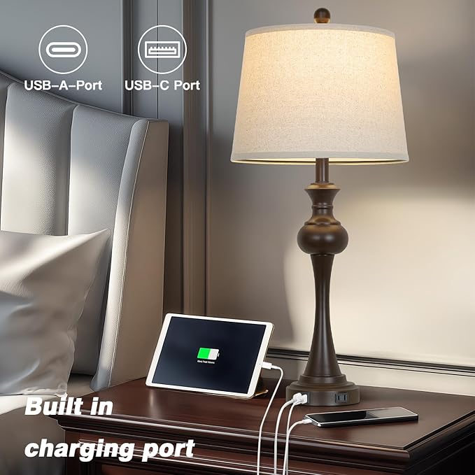 29" Brown Table Lamps Set of 2, Tall Bedside Lamps with USB C+A Ports, 3-Way Dimmable Touch Table Lamp, Nightstand Lamps for Bedroom,Modern Brown Lamps with Beige Lampshade, Bulbs Included - Bloomnest
