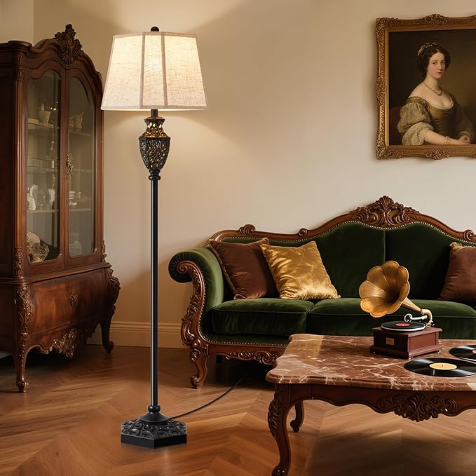 Luvkczc Vintage Black Floor Lamp - Hand-Painted Gold Resin with 6-Sided Carved Hollow Nightlight, Traditional Standing Lamp for Living Room, Bedroom, Study (Bulb Included) - Bloomnest