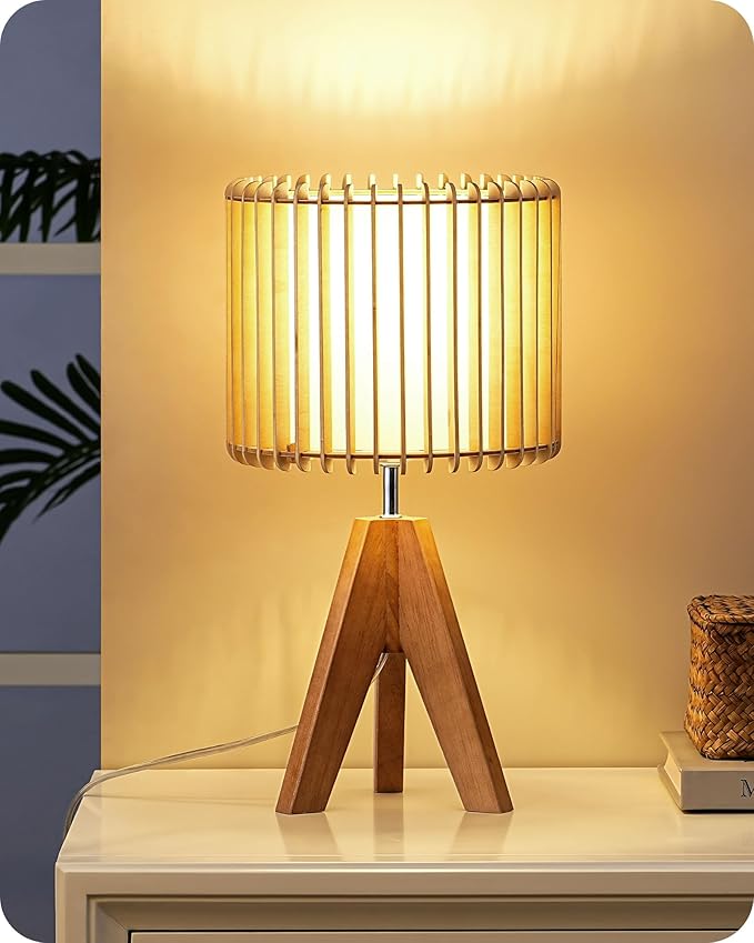 EDISHINE 14.17" Small Table Lamp, Wood Tripod Bedside Lamp, Natural Wood-Colored Hollow & White PVC Shade, E26 Base, Boho Nightstand Lamp for Bedroom, Living Room, Office, Study - Bloomnest