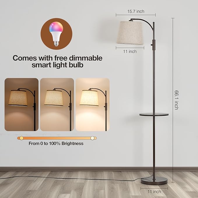 AIDENOEY Smart Floor Lamp with Side Table | Stepless Dimming, RGB Multi-Color | Adjustable Swivel Head | Voice Control with Alexa & Google Assistant |Brown Lamp for Living Room,Bedroom,Home Office - Bloomnest