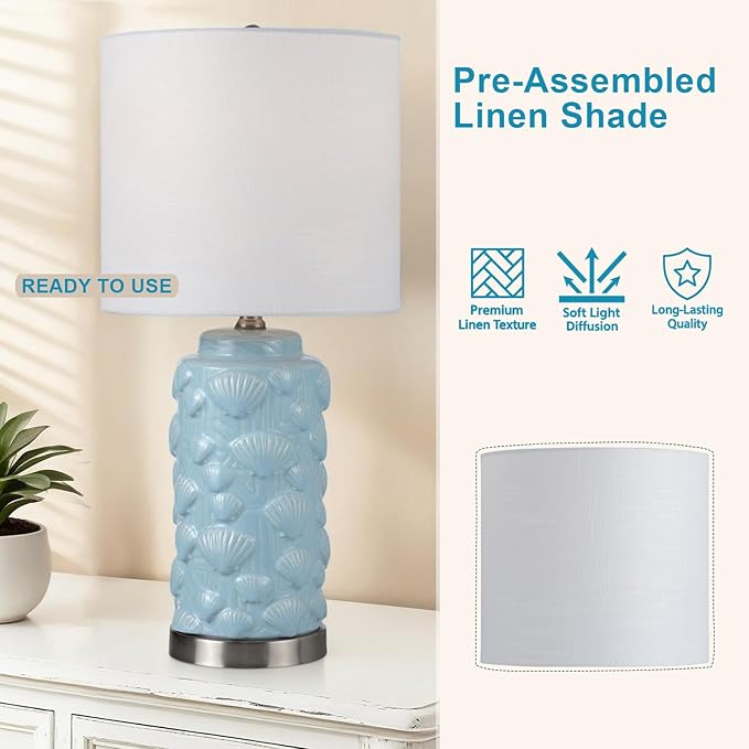 Crestview Collection Ceramic Coastal Table Lamp,23" Blue Seashell Lamp with Linen Shade, Ocean Nautical Home Decor for Nightstands or End Tables, Beach Style Lamp for Bedroom, Living Room, or Entryway - Bloomnest