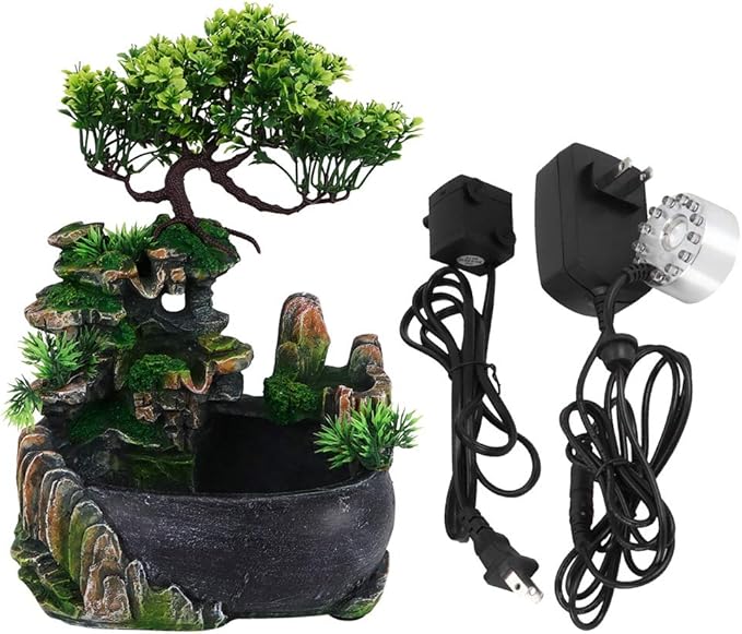 Indoor Fountain, Tabletop Water Fountain Desktop Meditation Waterfall Fountain with Rockery, Plant, Atomizing Humidifier for Office, Home, Bedroom Desk Décoration(US 110V) - Bloomnest