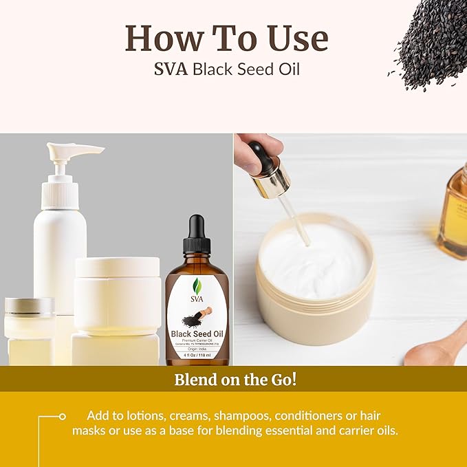 SVA Black Seed Oil - 4 Fl Oz – 100% Natural Cold Pressed Black Seed Oil - for Face, Skin Care, Hair Care, Scalp Massage & Body Massage – Carrier Oil with Dropper - Bloomnest