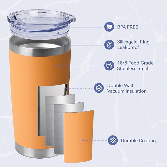 HASLE OUTFITTERS 20oz Stainless Steel Tumblers Bulk, Insulated Travel Cup with Lid, Double Wall Vacuum Coffee Mug for Cold & Hot Drinks 1 Pack, Orange