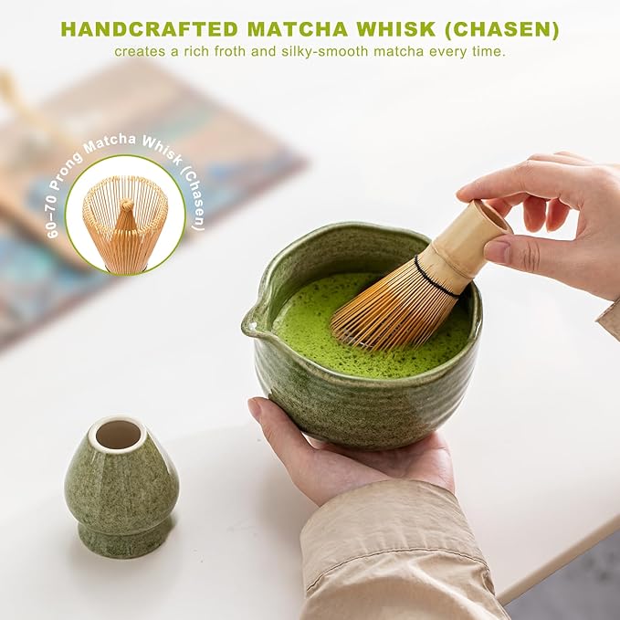Matcha Set 7-Piece Tea Set with Brush, Bowl, Whisk, Strainer, Chasen, for Matcha Tea Ceremony (Matcha Green) - Bloomnest