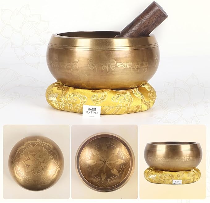 Kmise Tibetan Singing Bowls Set- Handmade in Nepal Meditation Sound Bowls for Yoga, Meditation, Mindfulness, Healing and Chakra Balancing, Stress Relief (5', Gold Flower) - Bloomnest
