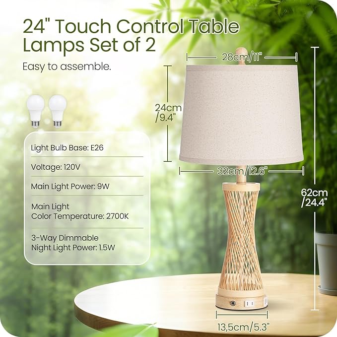 24.4”Farmhouse Rattan Table Lamps Set of 2, Touch Bedside Lamps for Bedroom with Dimmable Night Light, USB A+C Ports, Bamboo Boho Nightstand Lamp with Cream Linen Shade, C04TL05 - Bloomnest