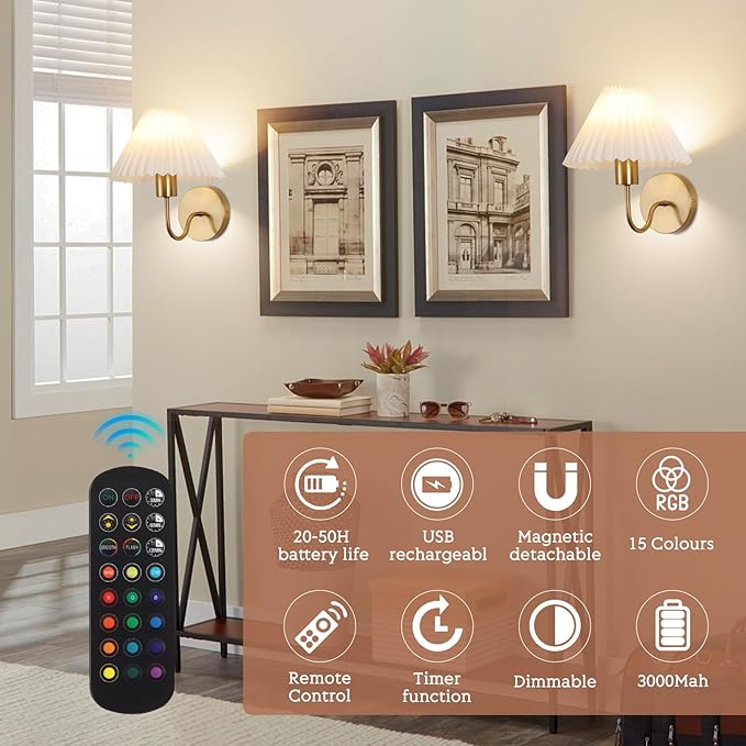 Wireless Wall Sconce Sets of 2, Pleated Shades Rechargeable Battery Operated Wall Sconce, Retro gooseneck Gold Wall Lights Bathroom Vanity Sconces, Wall Mounted Lamps for Bedroom Living Room Kitchen - Bloomnest