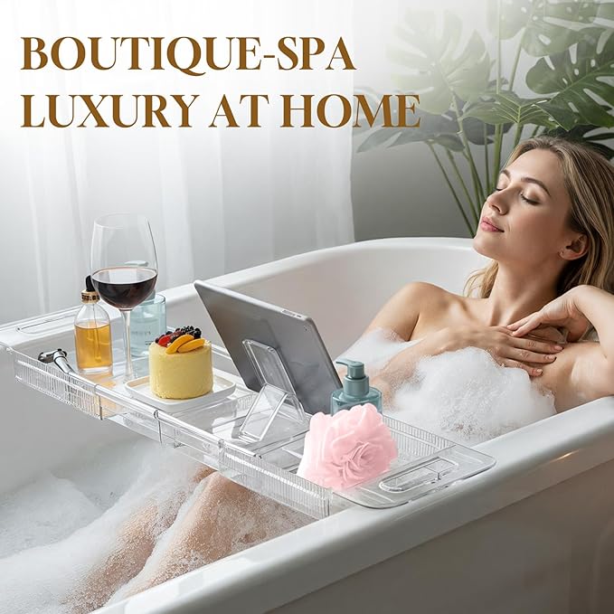 Expandable Clear Acrylic Bathtub Tray Caddy, Foldable Tub Bath Tray with Drain Slots, Slip-Resistant Waterproof Bathroom Shelf Caddy & Home Spa Gift for Women - Bloomnest