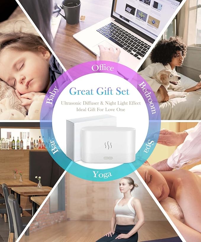 Essential Oil Diffuser Humidifer with Flame Light Effect, 180ml Air Diffuser for Essential Oils, Humidifiers for Bedroom with 2 Brightness, Auto-Off Function(White) - Bloomnest