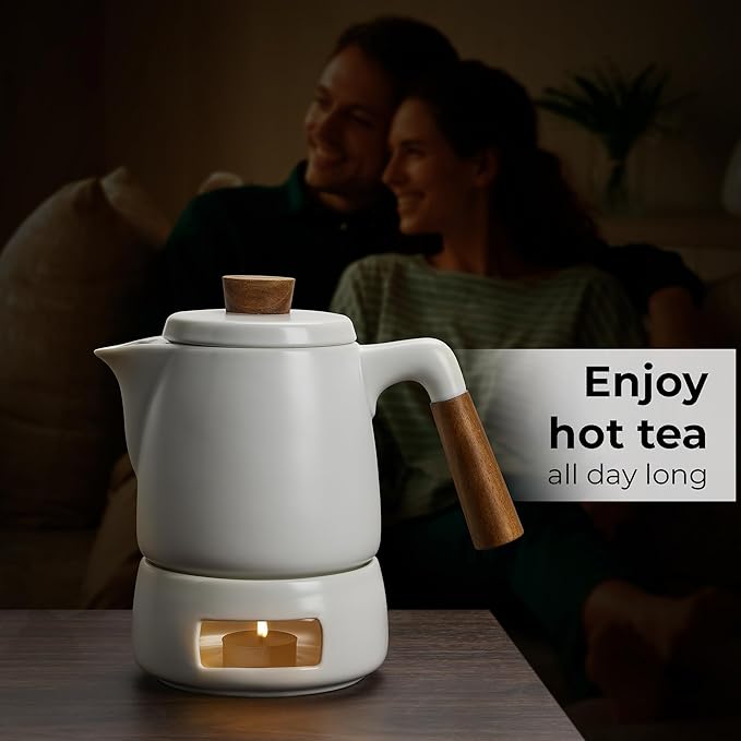 MIAMIO - Teapot Set with Warmer / 34 oz Tea Kettle with Infuser for Steeping Loose Tea Leaves - Gift for Women/Tea Lovers (White) - Bloomnest