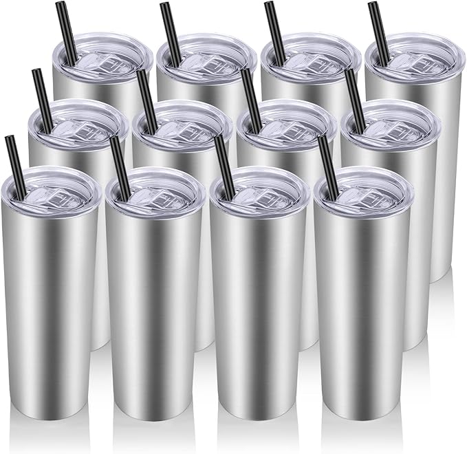 VEGOND Stainless Steel Tumblers Bulk 12 Pack, 20 oz Vacuum Insulated Skinny Tumblers with Lids and Straws, Double Wall Slim Tumbler, Travel Water Cup - Bloomnest