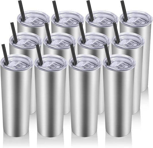 VEGOND Stainless Steel Tumblers Bulk 12 Pack, 20 oz Vacuum Insulated Skinny Tumblers with Lids and Straws, Double Wall Slim Tumbler, Travel Water Cup - Bloomnest