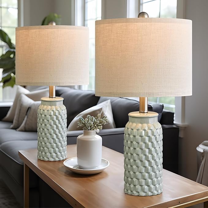 20.5 inches Modern Ceramic Green Bedside Lamp Set of 2 for Bedroom Decor Farmhouse Table Lamp for Living Room Office Dorm - Bloomnest