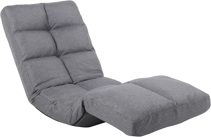 Floor Chair with Footrest Adjustable Backrest with 14 Positions Footrest 5-Position Adjustment Foldable Floor Gaming Chair for Easy Storage Linen Fabirc Chaise Lounge 086 (Grey)