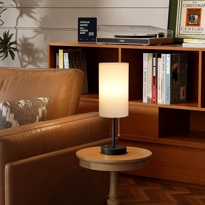 17.4Inches White Bedside Lamp for Bedroom Nightstand - Tall Lamp with USB A + C Charging Port & AC Outlet, 3 Color Temperatures Pull Chain, Side Desk Reading Light for Living Room - Bloomnest
