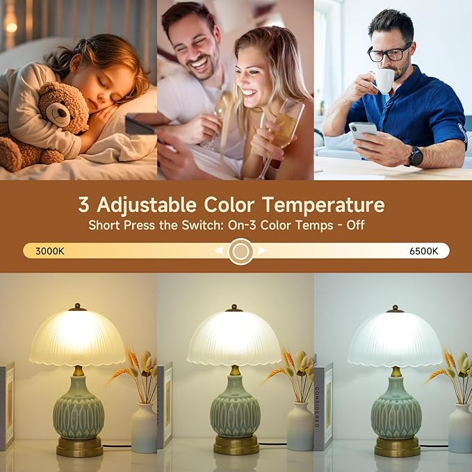 Table Lamps for Bedroom Vintage Golden Table Lamps for Bedroom Ceramic Retro Lamp for Living Room,16" Modern Bedside Nightstand Traditional Lamps, Classic Chinoiserie Green Glass Lamp for Home Decor - Bloomnest