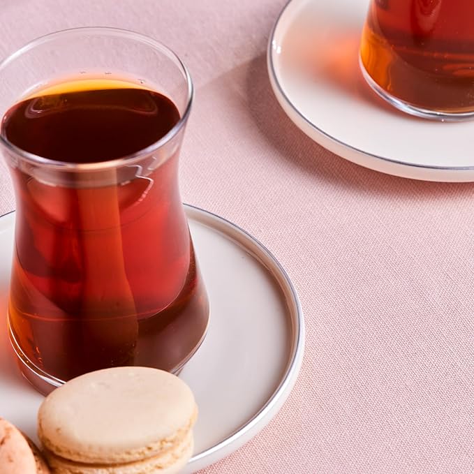 Karaca Streamline Saturn 12-Piece Turkish Tea Cups for 6 People, 5.75 fl oz Turkish Tea Glasses Set, Durable Glass with Platin Detailing & White Color Saucers - Bloomnest